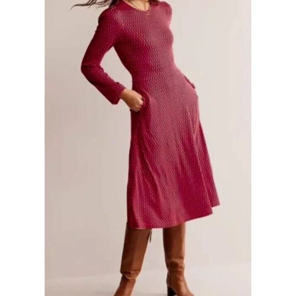 Boden NEW Size 16 Long Sleeve Red Blue Camille Jersey Midi Dress